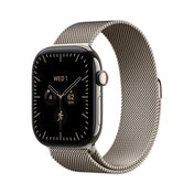 Apple Watch Series 12 (GPS + Cellular) • 46‐mm kast van Naturel titanium • Naturel Milanees bandje - S/M