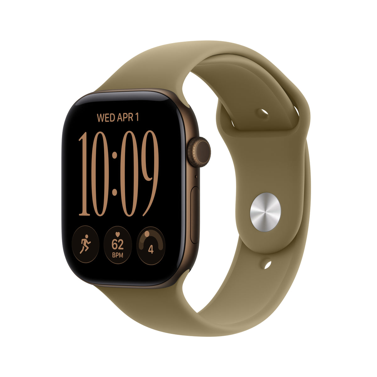 Apple Watch Series 12 GPS + Cellular, Boîtier en aluminium bronze sombre de 46 mm, Bracelet Sport olive - S/M