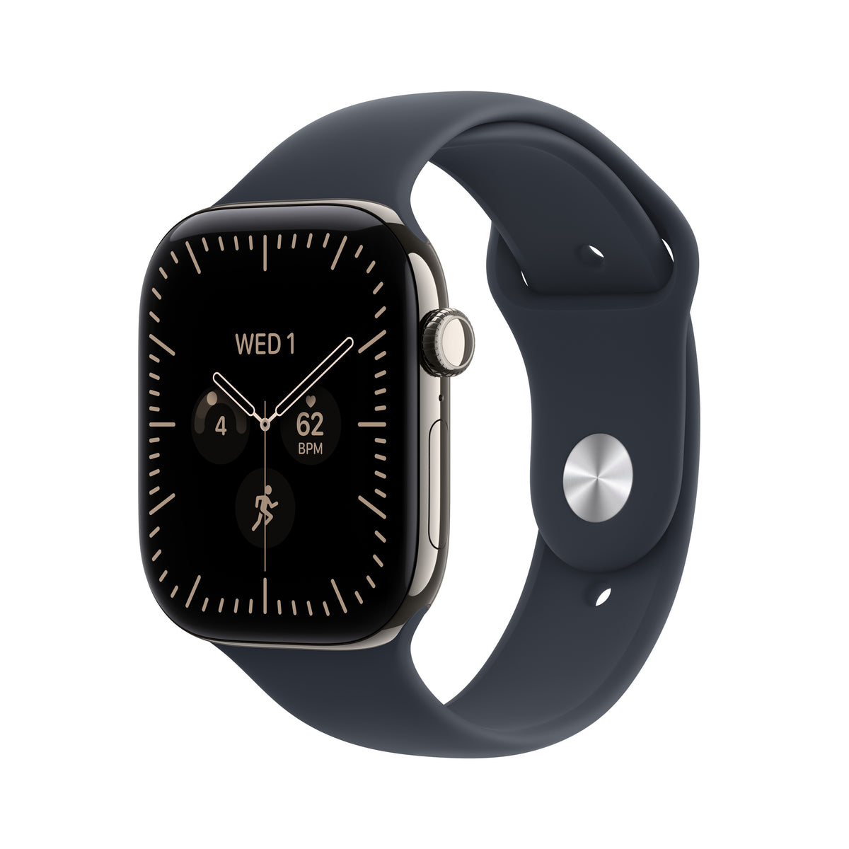 Apple Watch Series 12 (GPS + Cellular) • 46‐mm kast van Naturel titanium • Marineblauw sportbandje - S/M