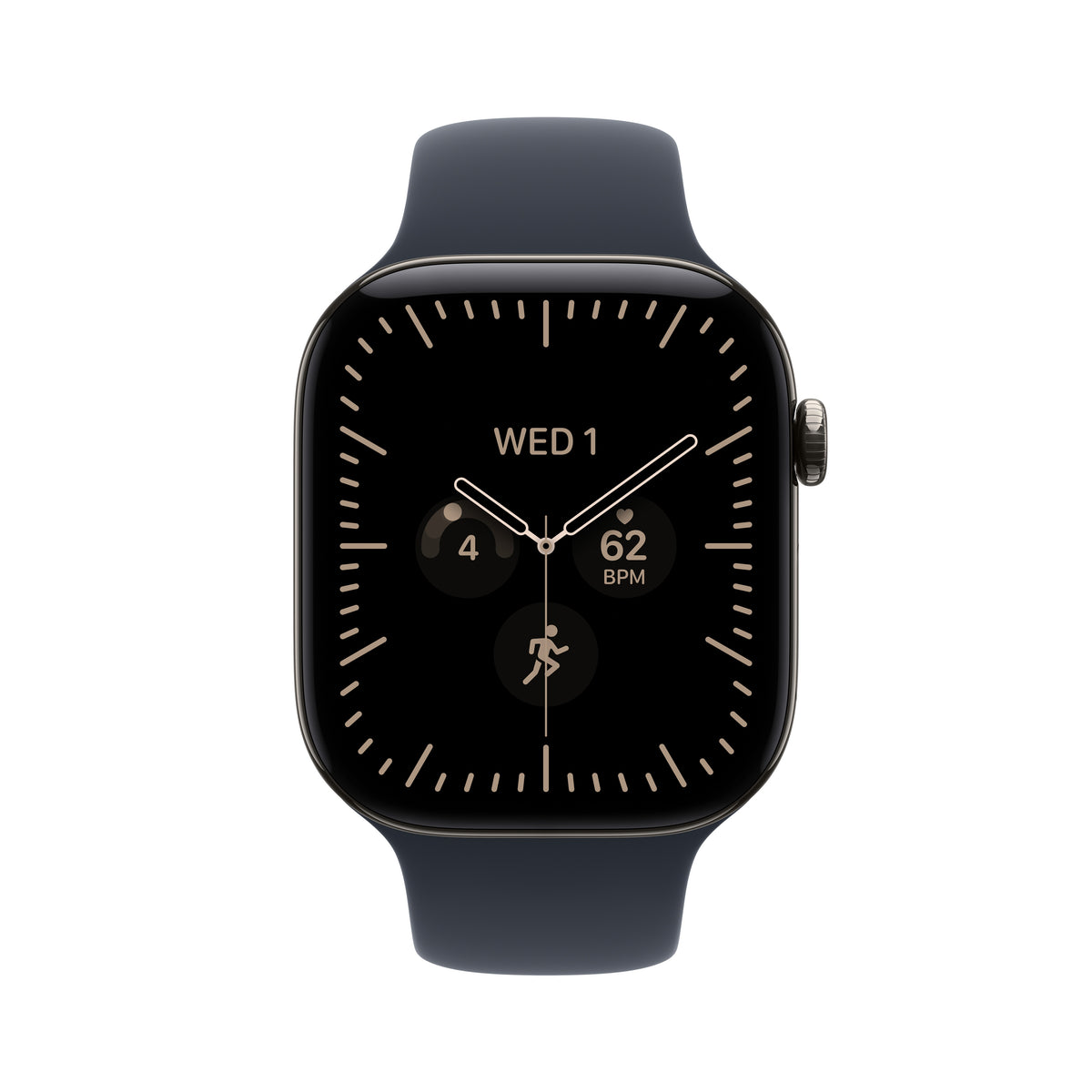 Apple Watch Series 12 (GPS + Cellular) • 46‐mm kast van Naturel titanium • Marineblauw sportbandje - S/M