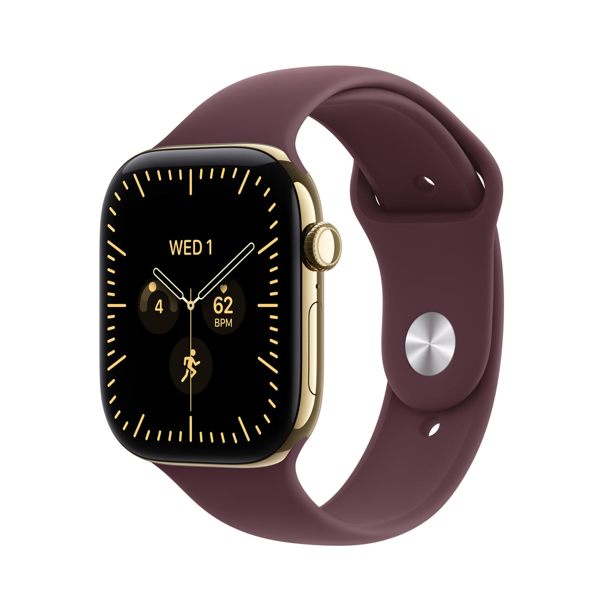 Apple Watch Series 12 (GPS + Cellular) • 46‐mm kast van Stralend Goud titanium • Bordeauxrood bandje - M/L