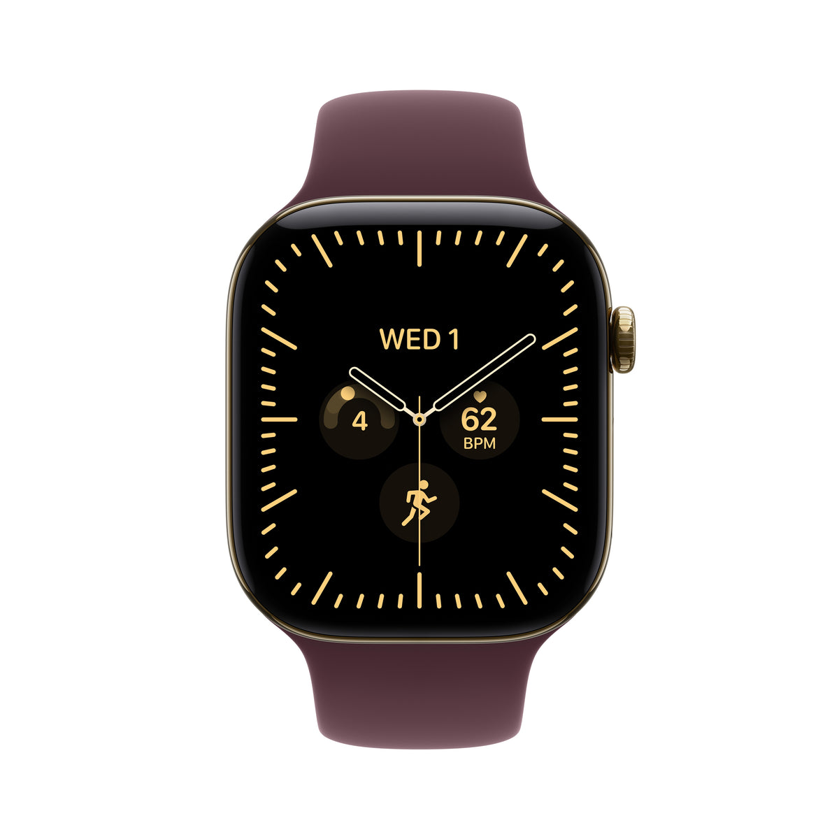 Apple Watch Series 12 (GPS + Cellular) • 46‐mm kast van Stralend Goud titanium • Bordeauxrood bandje - S/M
