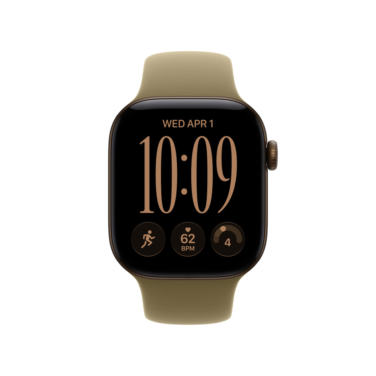 Apple Watch Series 12 (GPS) • 42-mm kast van Donkerbrons aluminium • Olijfgroen sportbandje - S/M