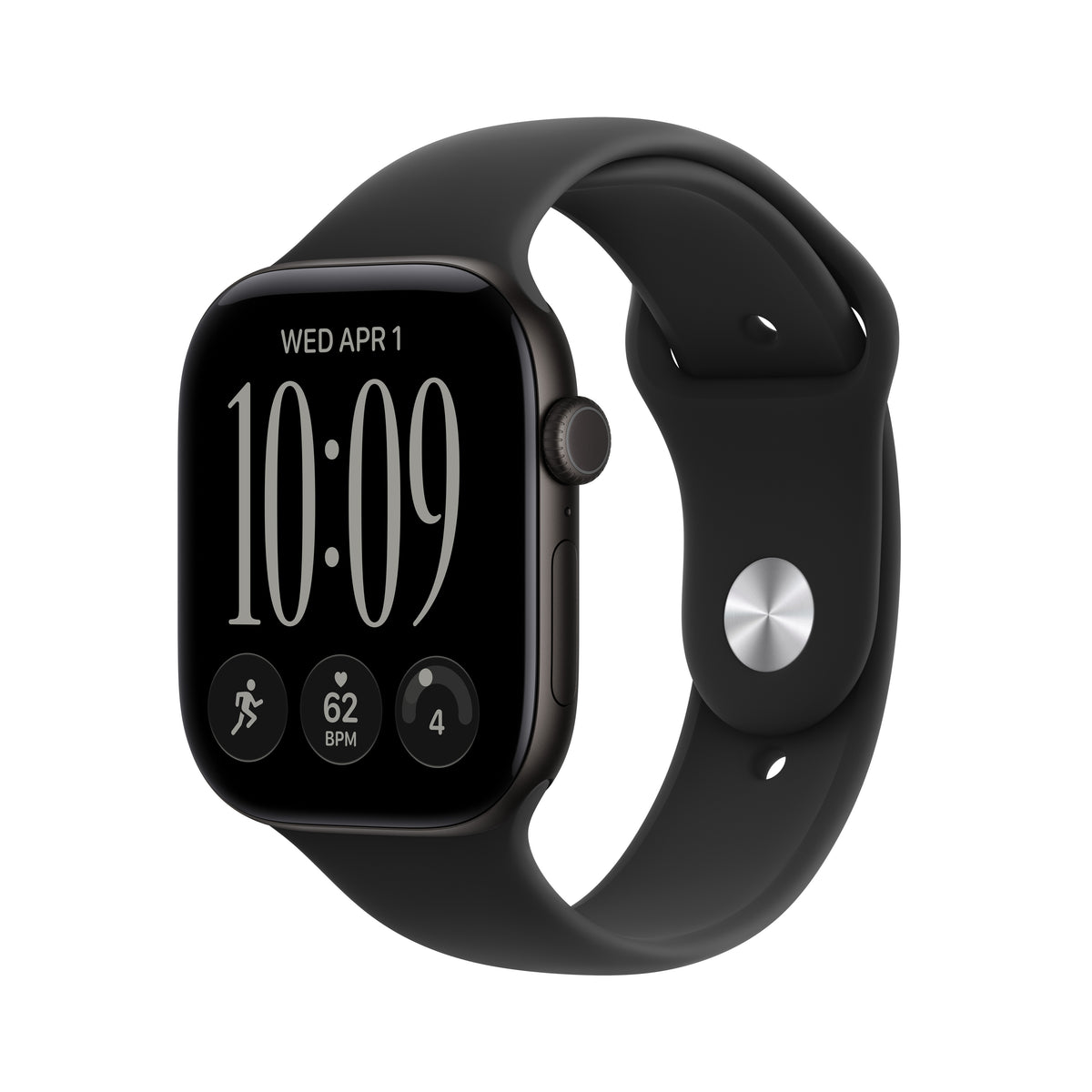 Apple Watch Series 12 (GPS) • 46‑mm kast van Zwart aluminium • Zwart sportbandje - M/L