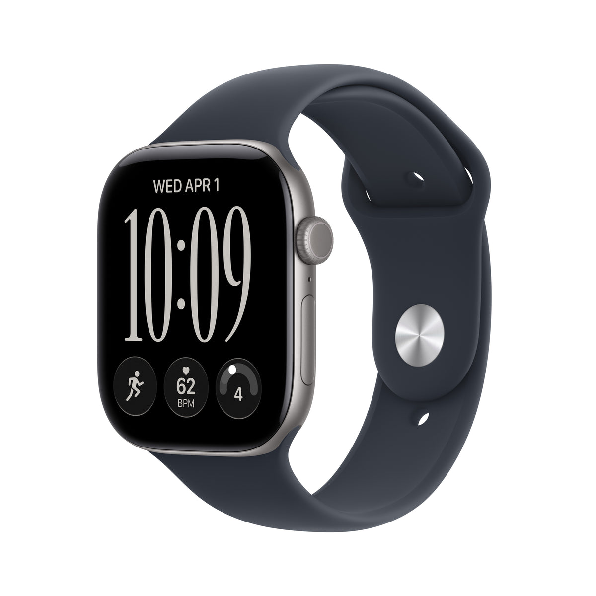 Apple Watch Series 12 (GPS) • 46‐mm kast van Spacegrijs aluminium • Marineblauw sportbandje - M/L