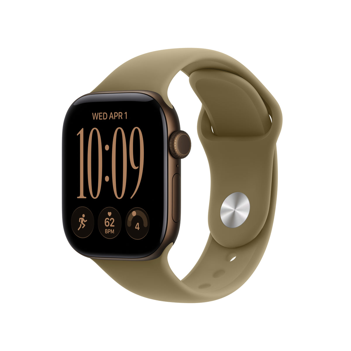 Apple Watch Series 12 (GPS + Cellular) • 42‐mm kast van Donkerbrons aluminium • Olijfgroen sportbandje - S/M
