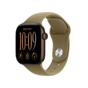Apple Watch Series 12 (GPS + Cellular) • 42‐mm kast van Donkerbrons aluminium • Olijfgroen sportbandje - S/M