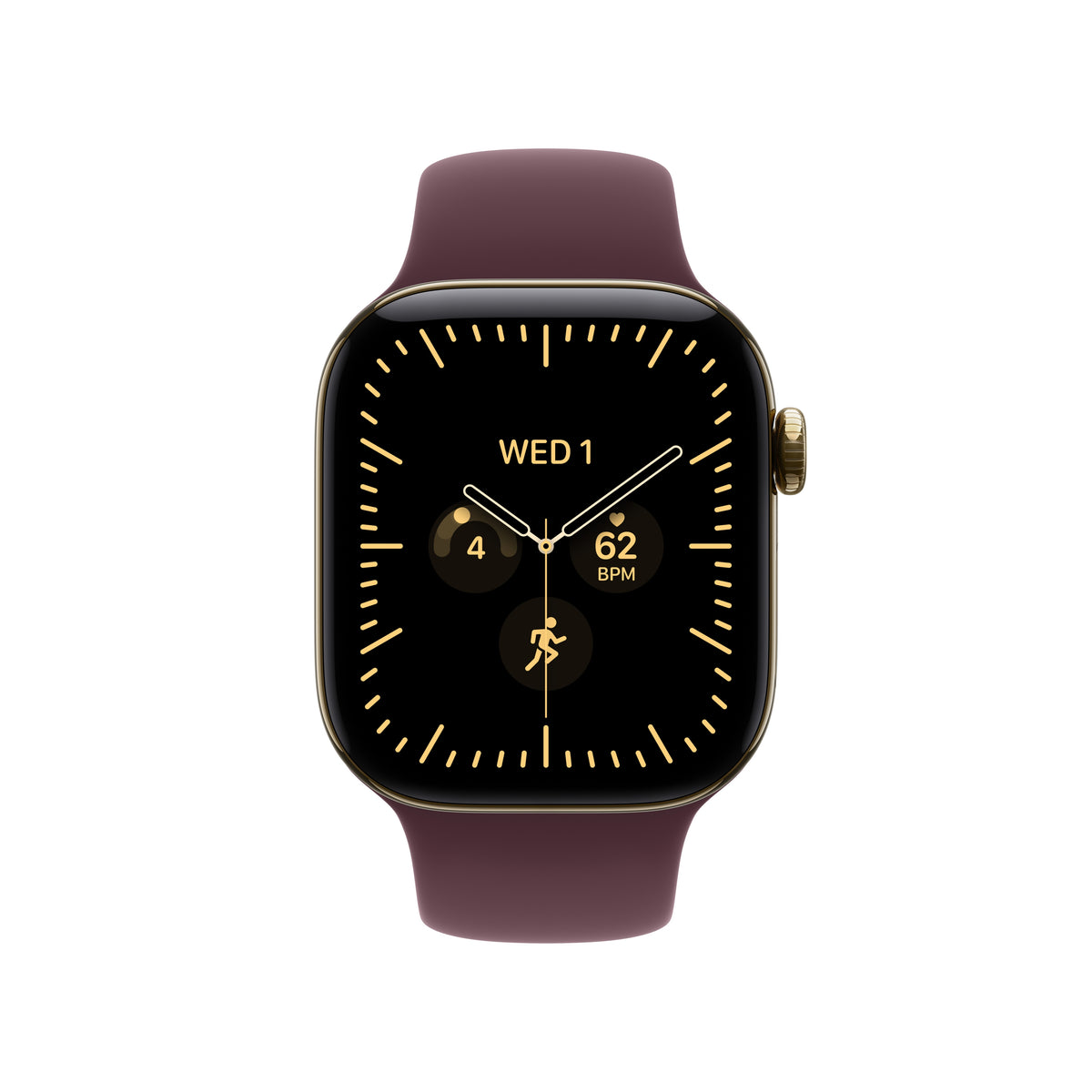 Apple Watch Series 12 (GPS + Cellular) • 42‐mm kast van Stralend Goud titanium • Bordeauxrood sportbandje - S/M