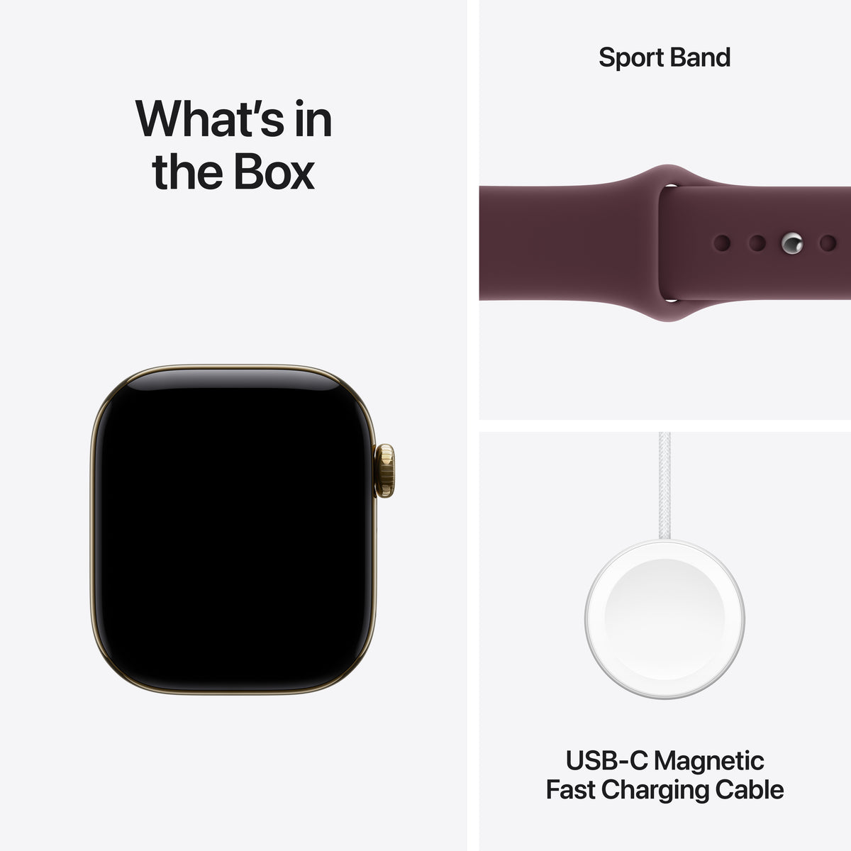 Apple Watch Series 12 (GPS + Cellular) • 42‐mm kast van Stralend Goud titanium • Bordeauxrood sportbandje - M/L