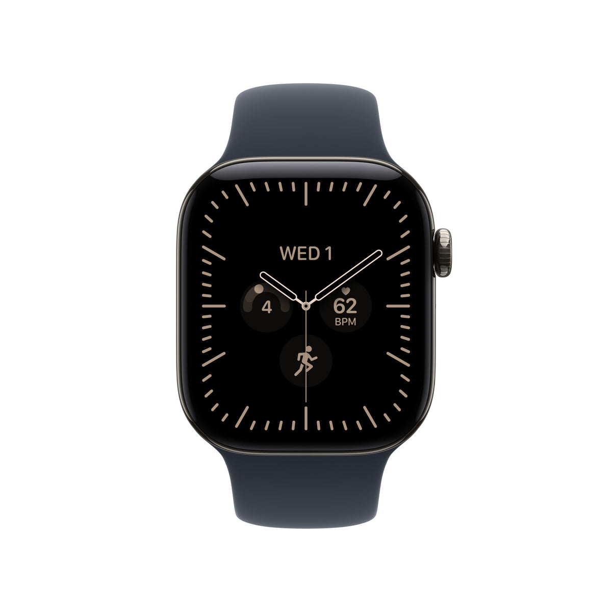 Apple Watch Series 12 (GPS + Cellular) • 42‐mm kast van Naturel titanium • Marineblauw sportbandje - M/L