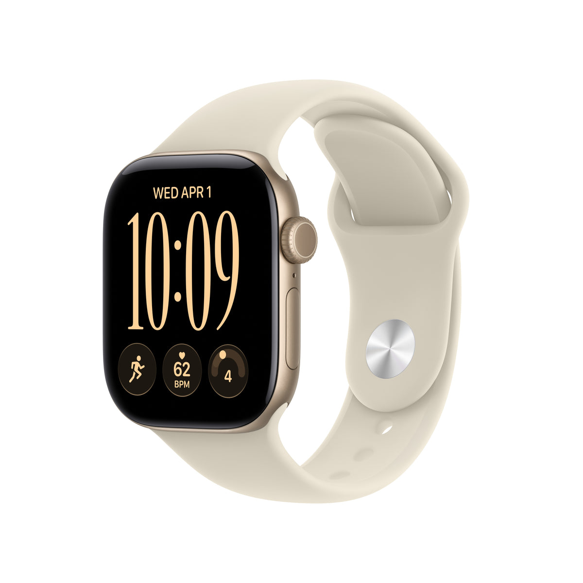 Apple Watch Series 12 (GPS + Cellular) • 42‐mm kast van Lichtgoud aluminium • Zand sportbandje - S/M