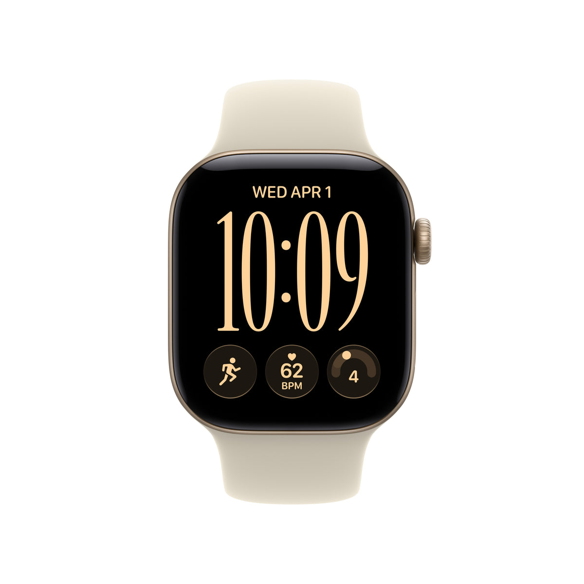 Apple Watch Series 12 (GPS + Cellular) • 42‐mm kast van Lichtgoud aluminium • Zand sportbandje - S/M