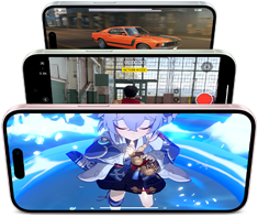 Trois iPhone placés les uns derrière les autres, affichant des jeux et des enregistrements vidéo sur leurs écrans pour démontrer les performances exceptionnelles de la puce