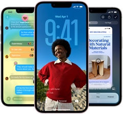 Trois iPhone 17e affichant l’app Messages avec le design Liquid Glass, l’écran verrouillé dynamique et Apple Intelligence en cours d’utilisation