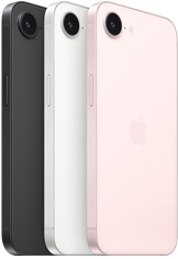iPhone 17e, faces latérale et arrière, coloris noir, faces latérale et arrière, coloris blanc, faces latérale et arrière, coloris rose pastel, caméra Fusion en haut, bouton latéral