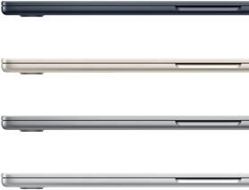 Quatre MacBook Air fermés montrant les finitions disponibles : minuit, lumière stellaire, gris sidéral et argent