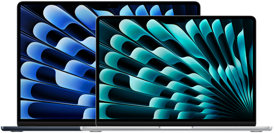 Vooraanzicht van een 13-inch en 15-inch MacBook Air om de twee schermformaten (diagonaal gemeten) te laten zien