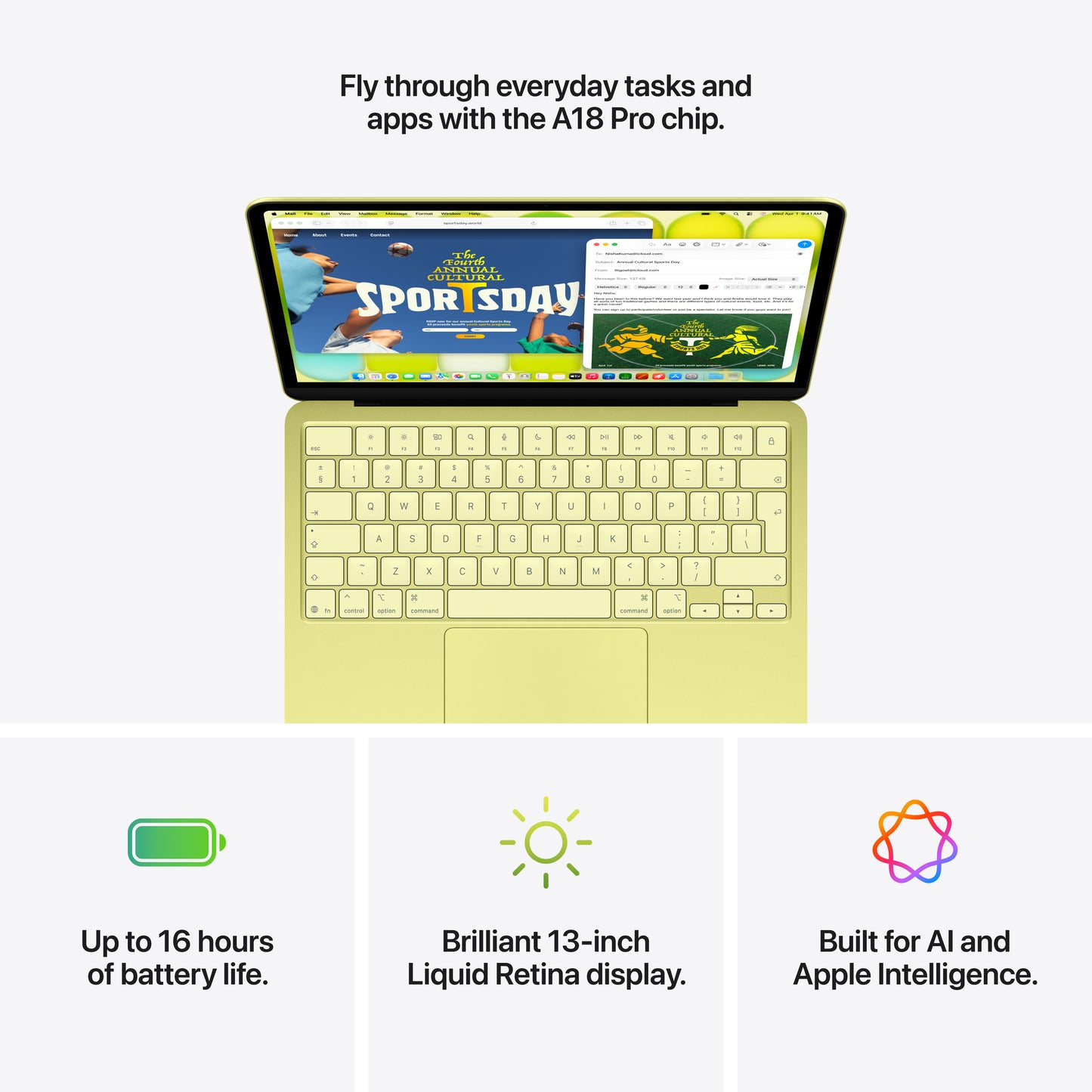 [OPEN BOX] MacBook Neo 13 pouces: Puce Apple A18 Pro avec CPU 6 cœurs et GPU 5 cœurs, Magic Keyboard, 8 Go, 256 Go SSD - Jaune agrume (Azerty FR)