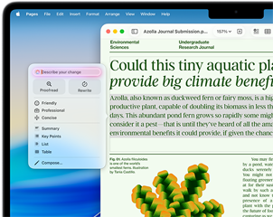 Les Outils d’écriture d’Apple Intelligence sont utilisés pour réviser un article de science environnementale dans Pages avec la possibilité de relire ou de réécrire sur un ton différent