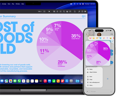Une présentation Keynote avec un diagramme circulaire s’affiche sur un MacBook Pro 14 pouces avec puce M5 et sur un iPhone 17 Pro Max grâce à la fonctionnalité Continuité