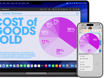 Une présentation Keynote avec un diagramme circulaire s’affiche sur un MacBook Pro 14 pouces avec puce M5 et sur un iPhone 17 Pro Max grâce à la fonctionnalité Continuité