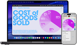 Une présentation Keynote avec un diagramme circulaire s’affiche sur un MacBook Pro 14 pouces avec puce M5 et sur un iPhone 17 Pro Max grâce à la fonctionnalité Continuité