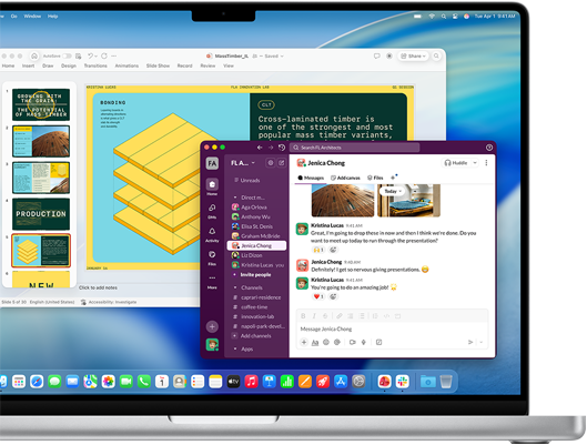 Écran d’un MacBook Pro 16 pouces avec puce M4 affichant une fenêtre avec une présentation PowerPoint et une autre fenêtre avec Slack