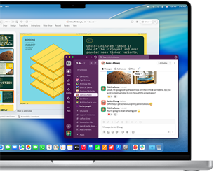 Écran d’un MacBook Pro 16 pouces avec puce M4 affichant une fenêtre avec une présentation PowerPoint et une autre fenêtre avec Slack