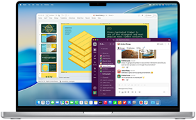 Écran d’un MacBook Pro 16 pouces avec puce M4 affichant une fenêtre avec une présentation PowerPoint et une autre fenêtre avec Slack