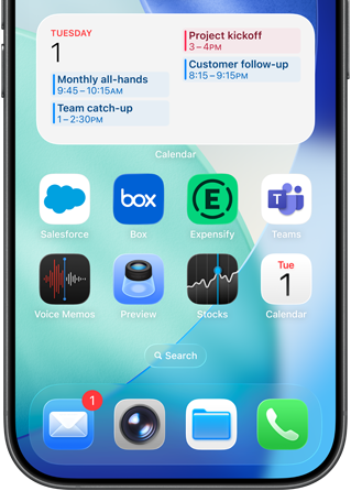 Écran d’accueil d’un iPhone affichant diverses apps professionnelles et de productivité, avec un planning détaillé dans Calendrier