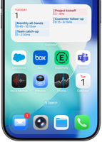 Écran d’accueil d’un iPhone affichant diverses apps professionnelles et de productivité, avec un planning détaillé dans Calendrier