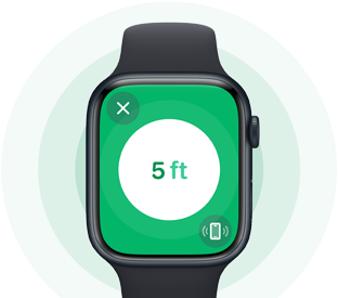 Apple Watch Series 9 waarop ‘Nauwkeurig zoeken’ wordt gebruikt om een iPhone te vinden