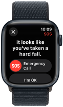Apple Watch Series 9 die een harde val detecteert en een optie laat zien om een noodoproep te doen