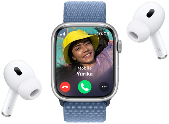 Apple Watch Series 9 waarop een telefoongesprek binnenkomt met AirPods Pro in de buurt