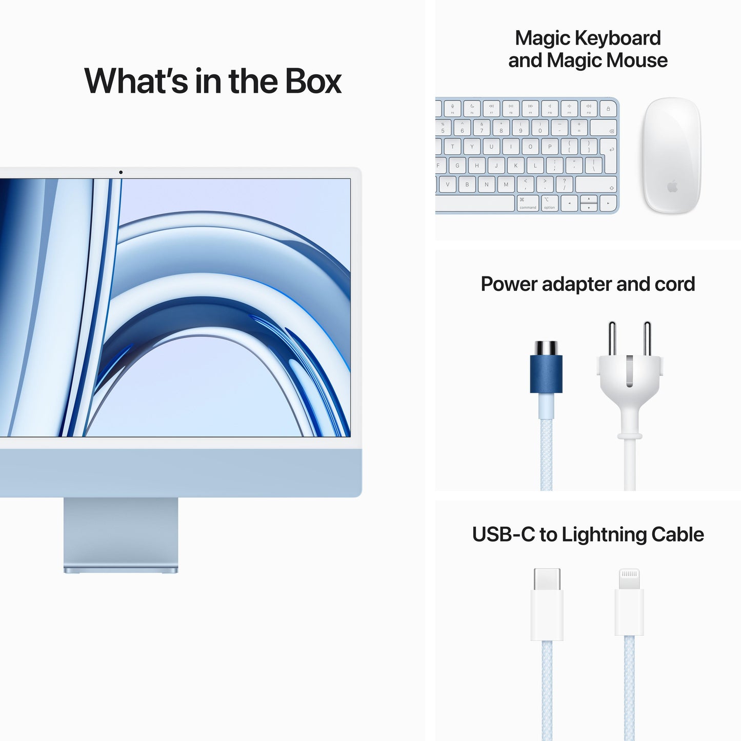 iMac 24 pouces avec écran Retina 4,5K : Puce Apple M3 avec CPU 8 cœurs et GPU 8 cœurs, 8 Go, 256 Go - Bleu